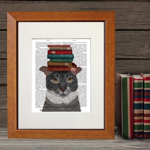 Grey Cat with Books FabFunky Book Print - TEMPORARILY OUT OF STOCK
