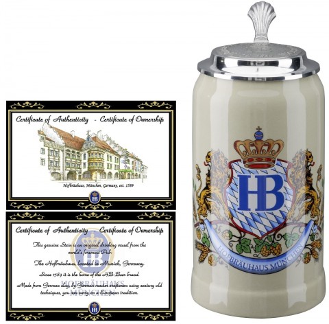 Hofbrauhaus German Beer Mug Loewendekor Beerstein with Tin lid .5 liter