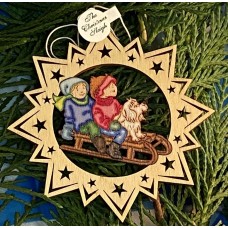 ** NEW **A Wooden Christmas Sleigh with a Girl, Boy, and dog - Ornament 
