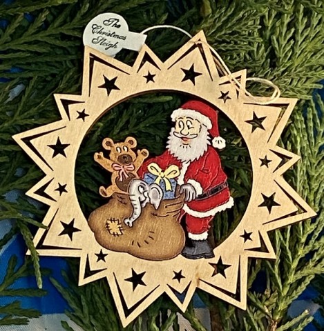** NEW **A Wooden Christmas Sleigh Ornament - Santa Toy Bag