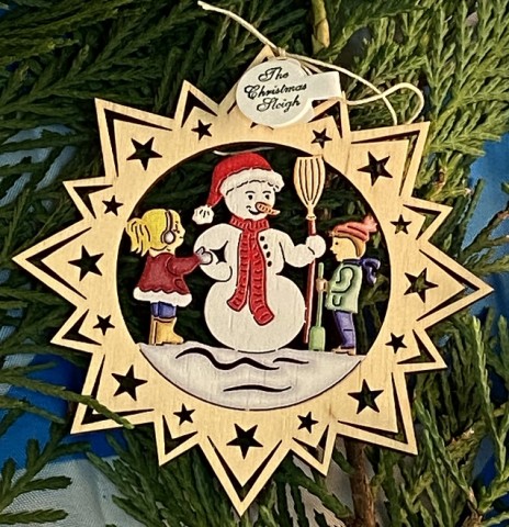 ** NEW **A Wooden Christmas Sleigh Ornament - Snowman with a Girl and Boy