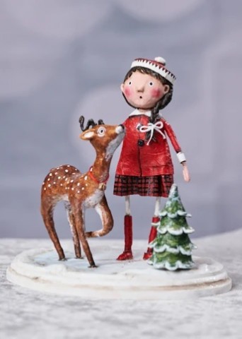 Winter girl with a deer and small Christmas tree - Lori Mitchell