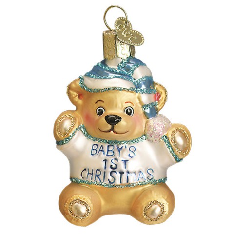 NEW - Old World Christmas Glass Ornament - Baby's First Christmas - Blue Teddy Bear