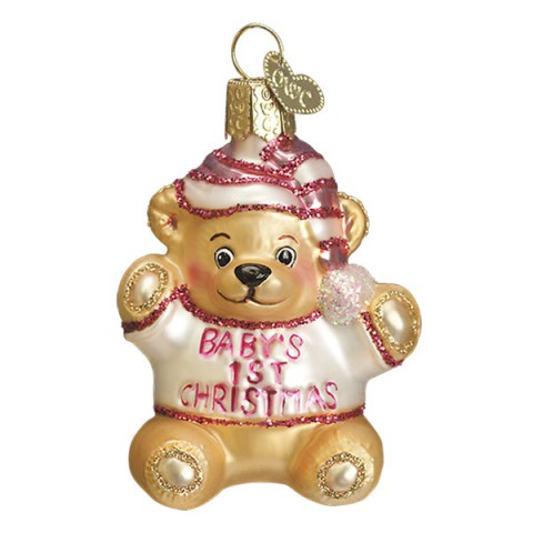 NEW - Old World Christmas Glass Ornament - Baby's First Christmas - Pink Teddy Bear