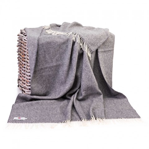 NEW - John Hanly - Merino Wool Cashmere Throw - Grey Herringbone
