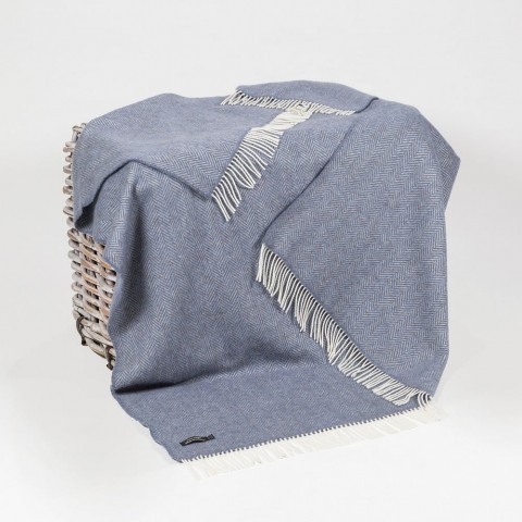NEW - John Hanly - Merino Wool Cashmere Throw - Denim Cream Herringbone