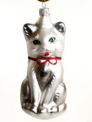 Mouth Blown Glass Ornament 'White Cat' 