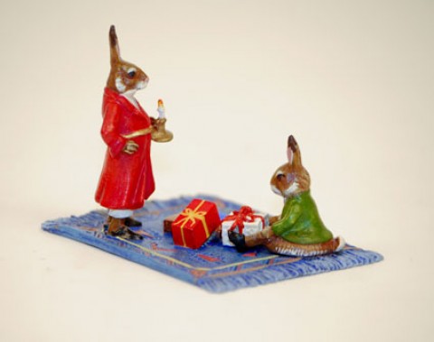 TEMPORARILY OUT OF STOCK - Easter Bunnies Vienna Bronze Rabbit on Carpet with Gifts 