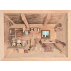 German wooden 3D-picture box-Diorama Farm Kitchen Painted