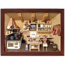German wooden 3D-picture box-Diorama Restaurant Kitchen Painted 