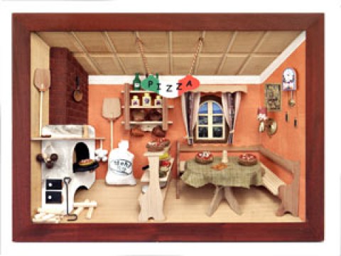 German wooden 3D-picture box-Diorama Pizza - Restaurant Painted 