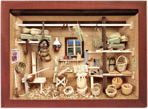 German wooden 3D-picture box-Diorama Basket Weaver Shop Painted 